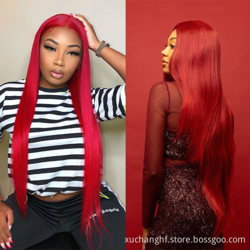Drop Shipping Red Color Human Virgin Hair Long Straight Lace Front Wig With Baby Hair